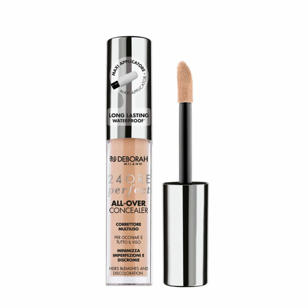 Correttore liquido con applicatore. Tappo argentato, flacone trasparente. Testo: Deborah Milano, 24 Ore Perfect, All-Over Concealer.