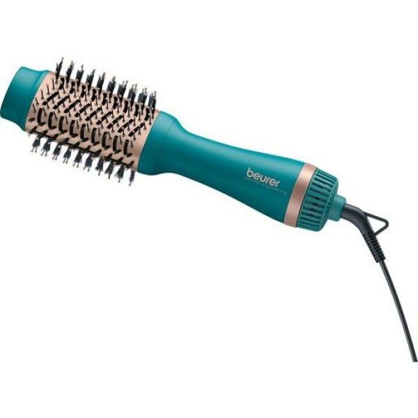 Spazzola ad aria calda turchese e oro. Testina cilindrica con setole. Cavo nero. Marchio 'beurer'.