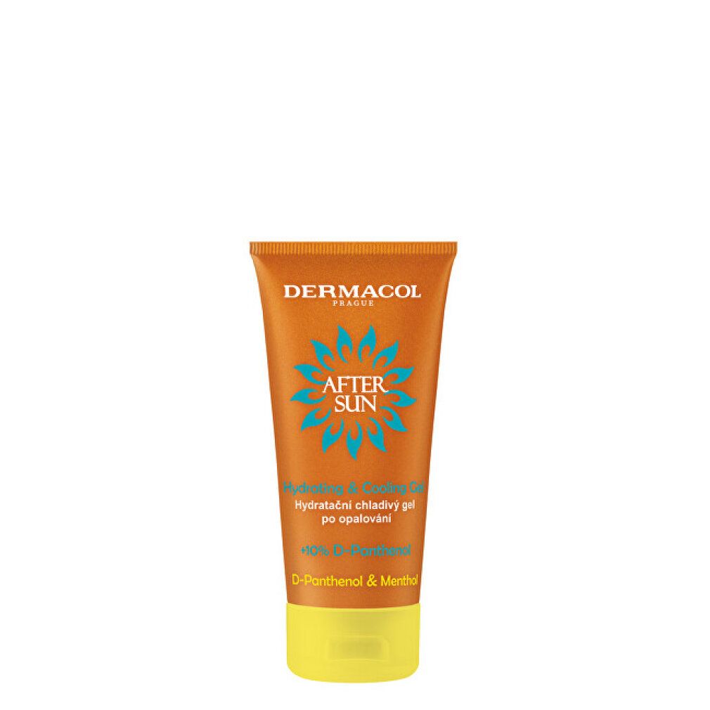 Tubo arancione con tappo giallo. Scritta: DERMACOL, AFTER SUN, Hydrating & Cooling Gel. Design girasole turchese.
