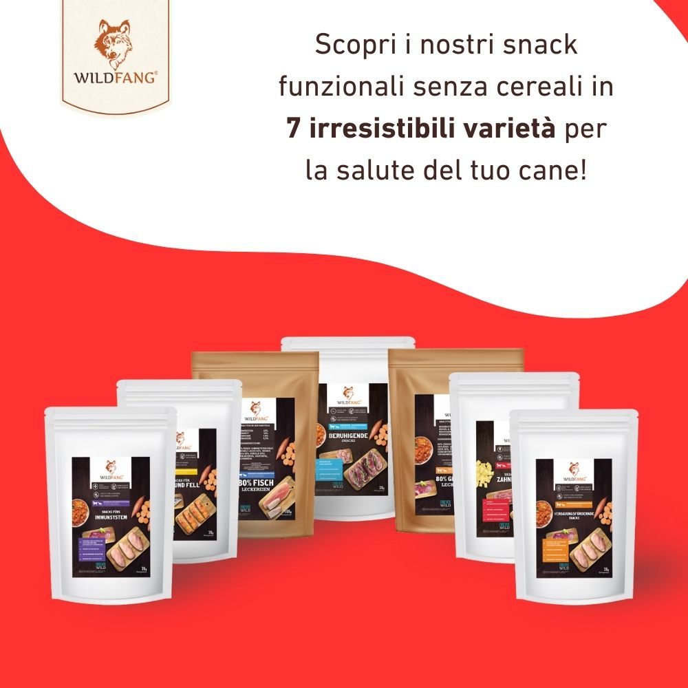 Sette sacchetti di snack per cani. Testo: Scopri i nostri snack funzionali senza cereali in 7 varietà irresistibili.