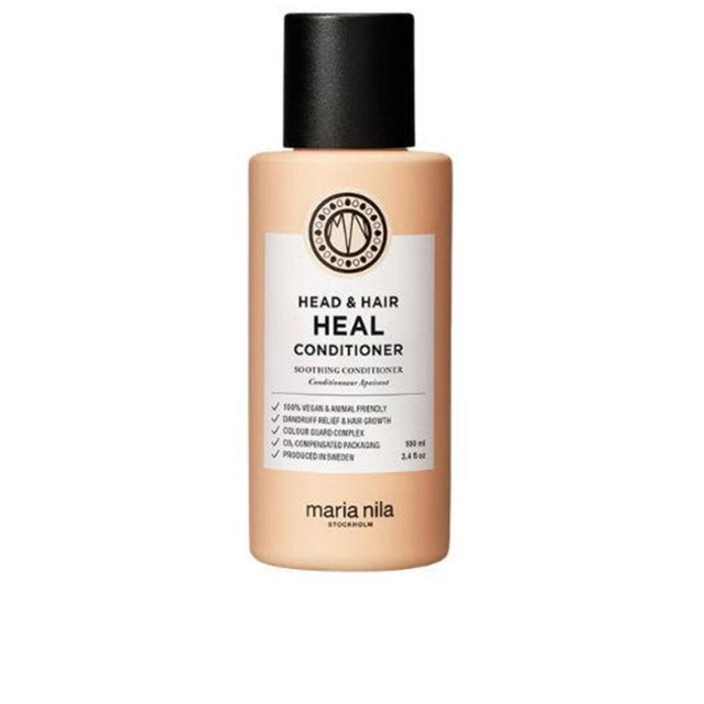 Flacone beige con tappo nero. Etichetta con testo: HEAD & HAIR HEAL CONDITIONER. Marchio: maria nila.