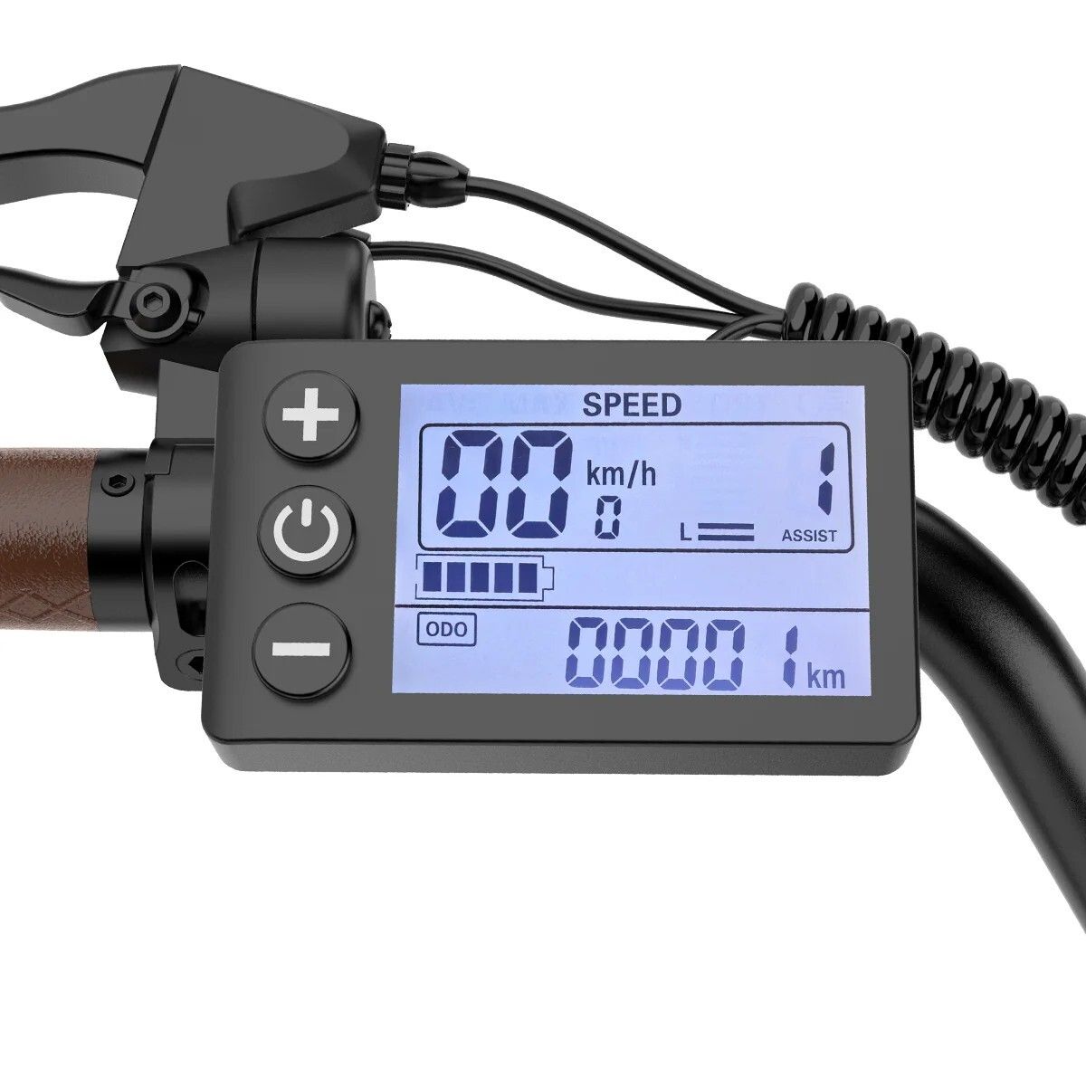 Primo piano del display di una bicicletta elettrica. Mostra velocità, livello batteria e altre informazioni. Cornice nera.