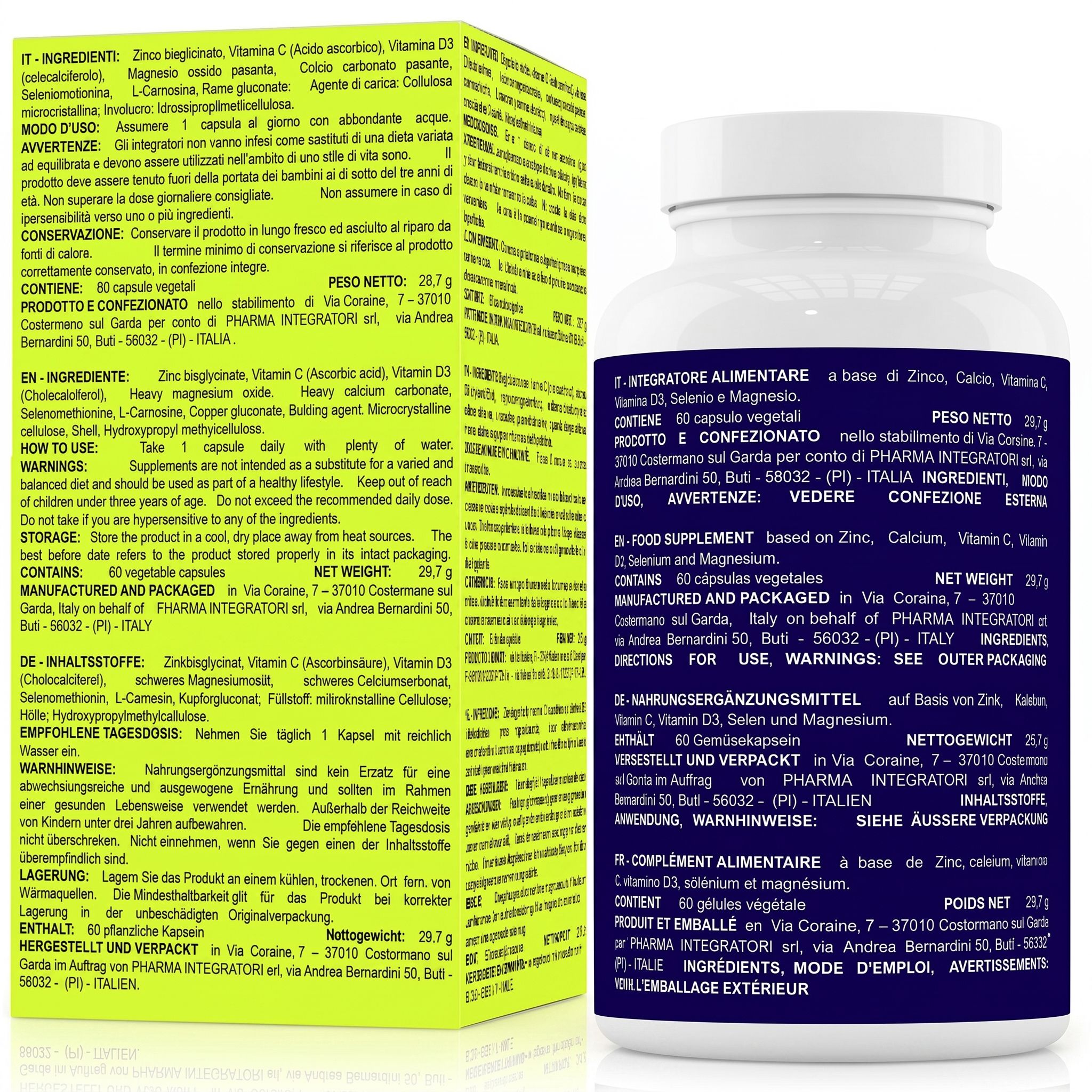 Flacone e scatola di Zinco Bisglicinato con magnesio, vitamina C, selenio, vitamina D3, rame e calcio.