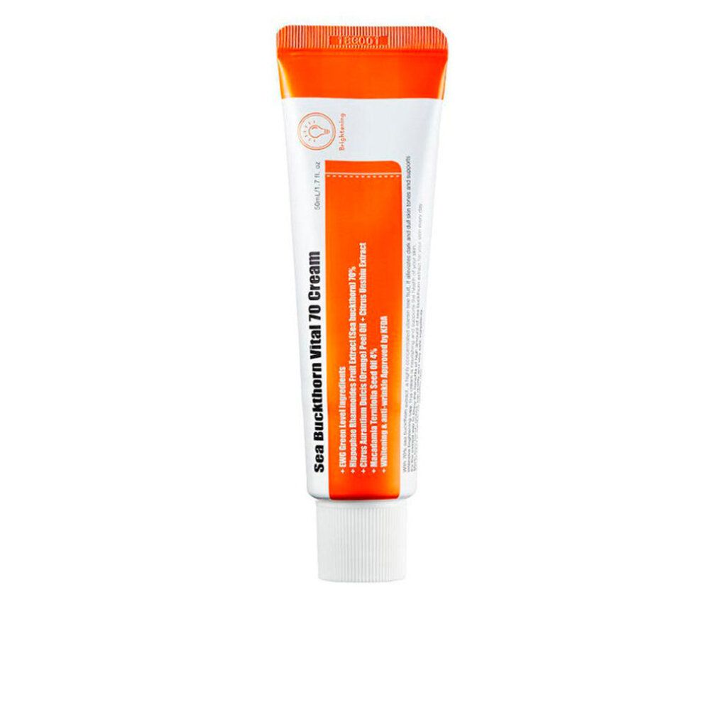 Tubo di crema con tappo arancione. Scritta: Sea Buckthorn Vital 70 Cream. Sfondo bianco.