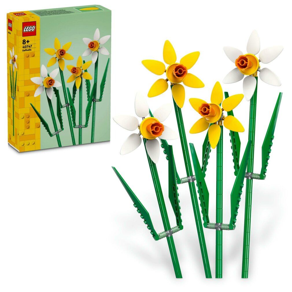 Set LEGO con fiori di narciso gialli e bianchi, steli e foglie verdi. Confezione con logo e raccomandazione di età.