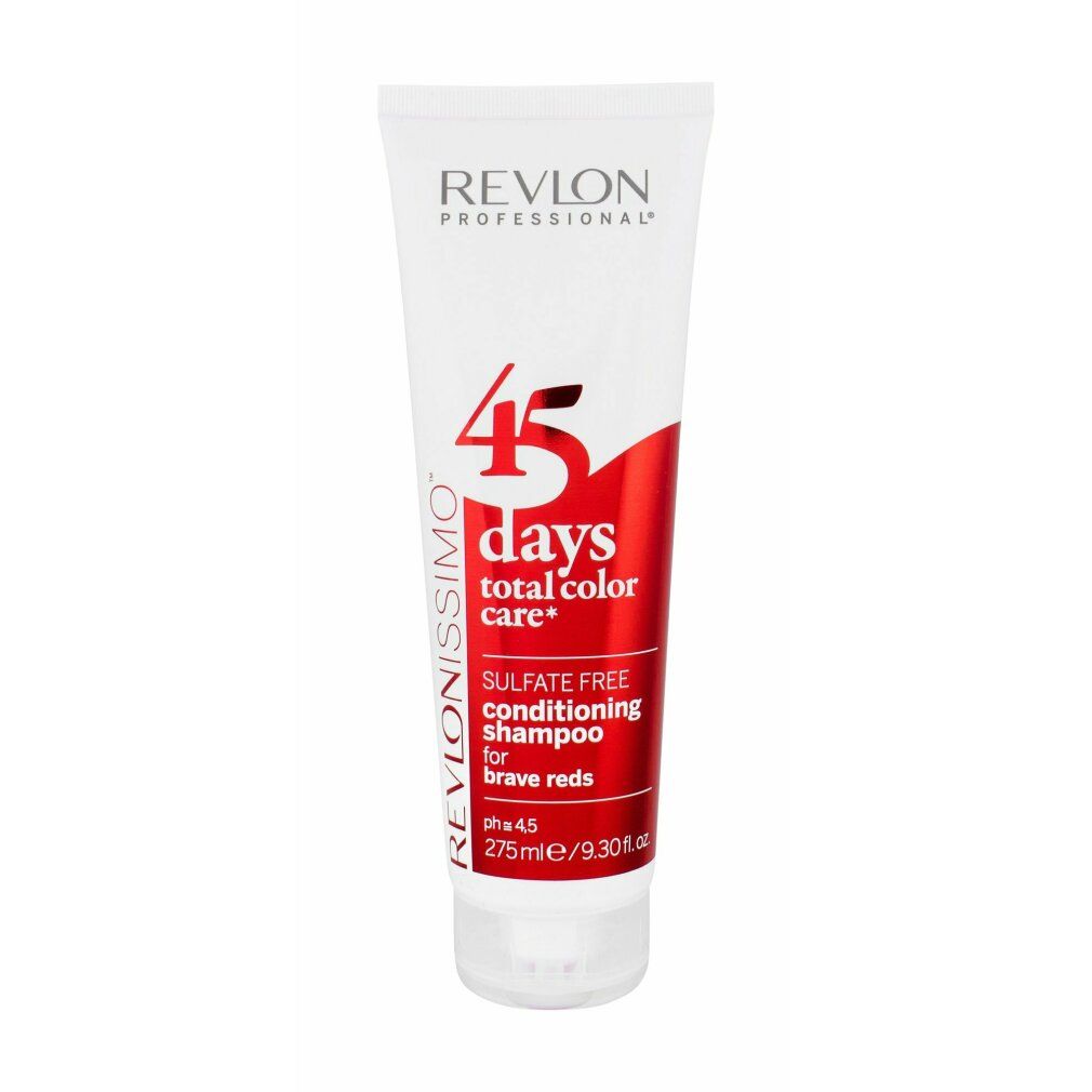 Tubo bianco Revlon Revlonissimo 45 Days. Scritta rossa: "Sulfate Free Conditioning Shampoo for brave reds". Contenuto: 275ml.