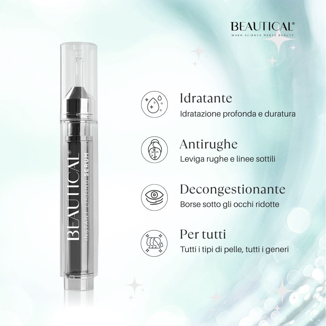 BEAUTICAL Instant Lifting Serum. Viso con rughe. Prodotto accanto al viso.