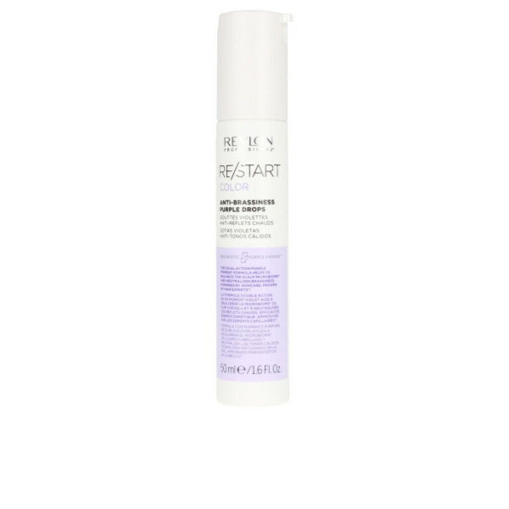 Flacone bianco-viola. Scritta: Revlon Re-Start Color Anti-Brassiness Purple Drops. 50ml/1.6 fl.oz.