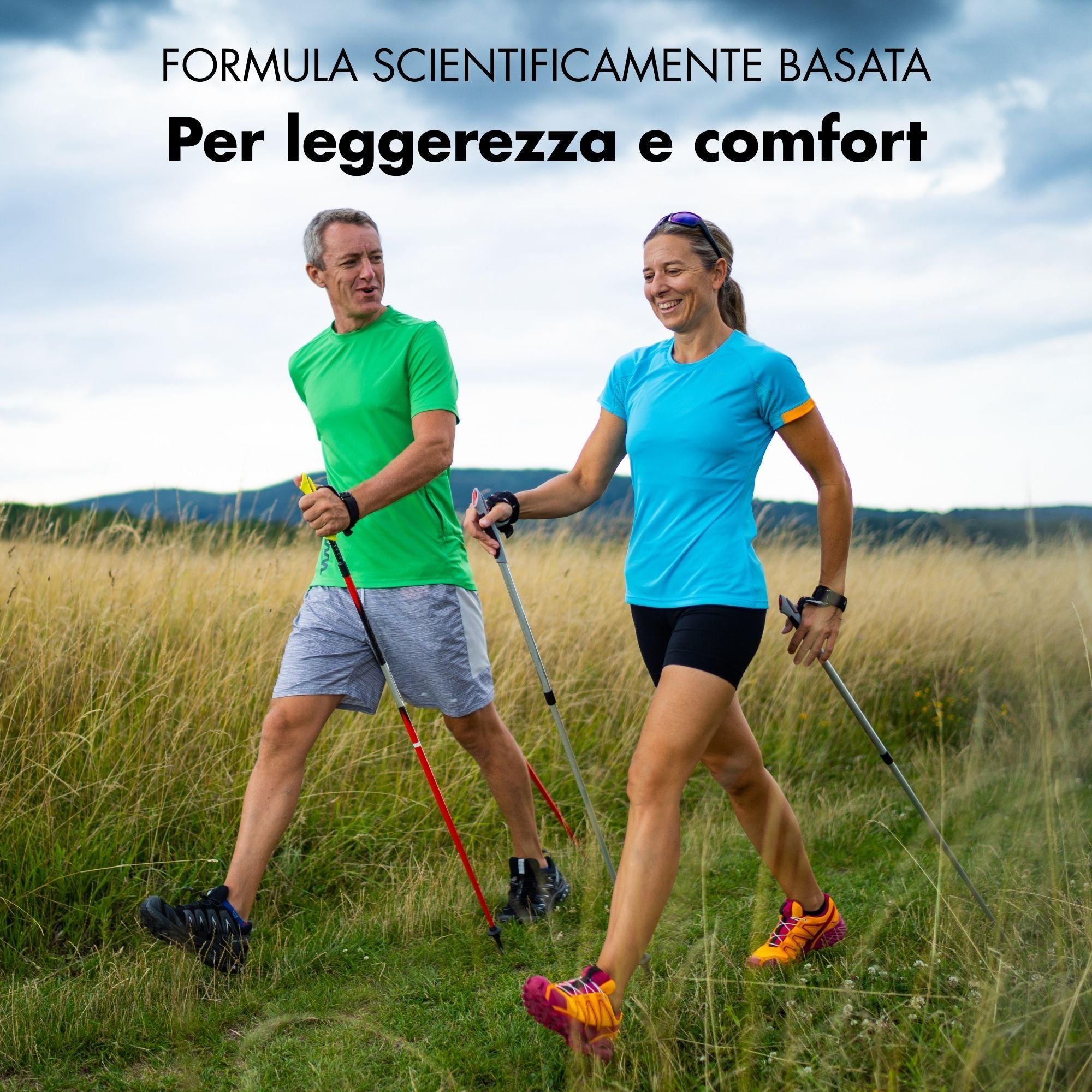 Due persone che praticano il nordic walking nella natura. Testo: Per leggerezza e comfort. Formula scientificamente fondata.
