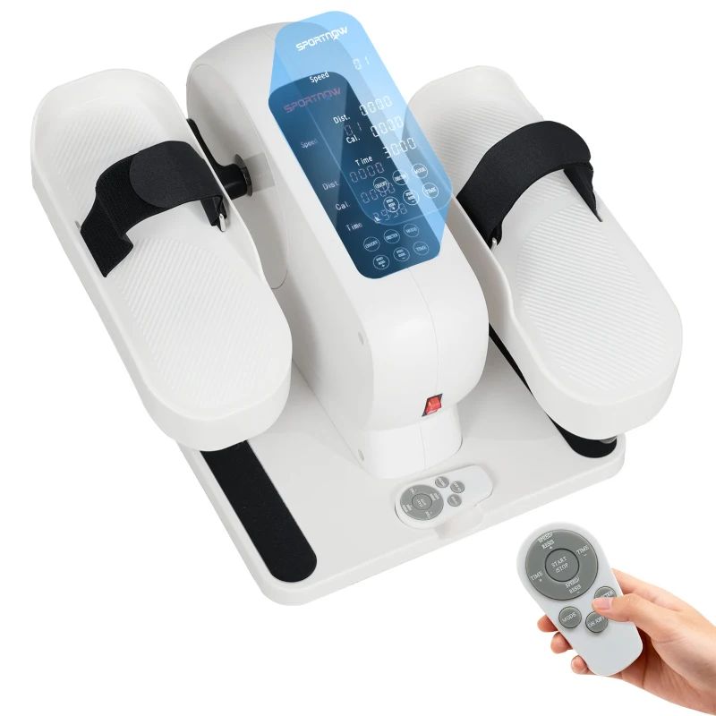 Mini ellittica bianca con display e telecomando. Cinghie nere, pulsante rosso. Logo SPORTNOW.