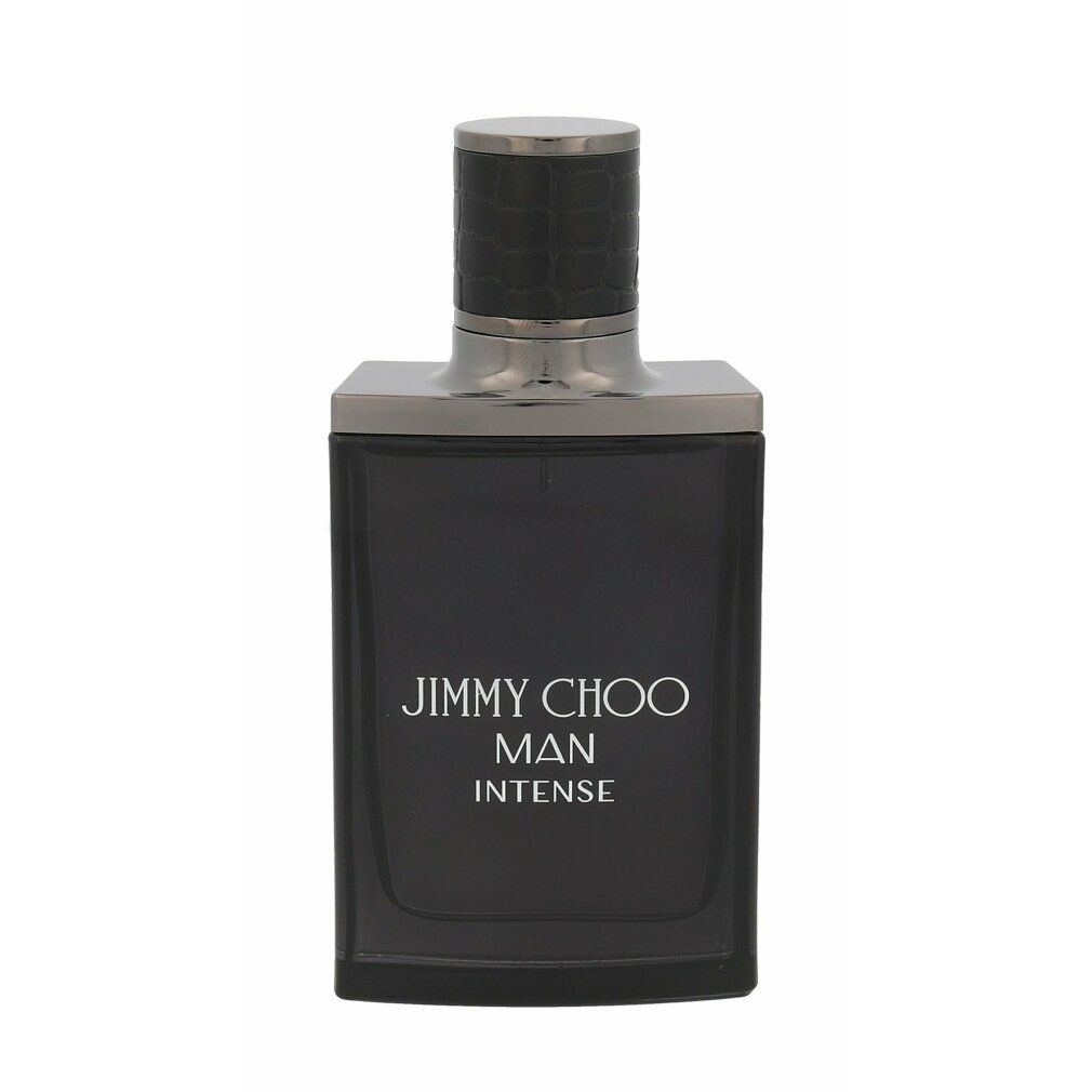 Flacone grigio scuro con tappo argentato. Scritta: JIMMY CHOO MAN INTENSE. Forma squadrata.