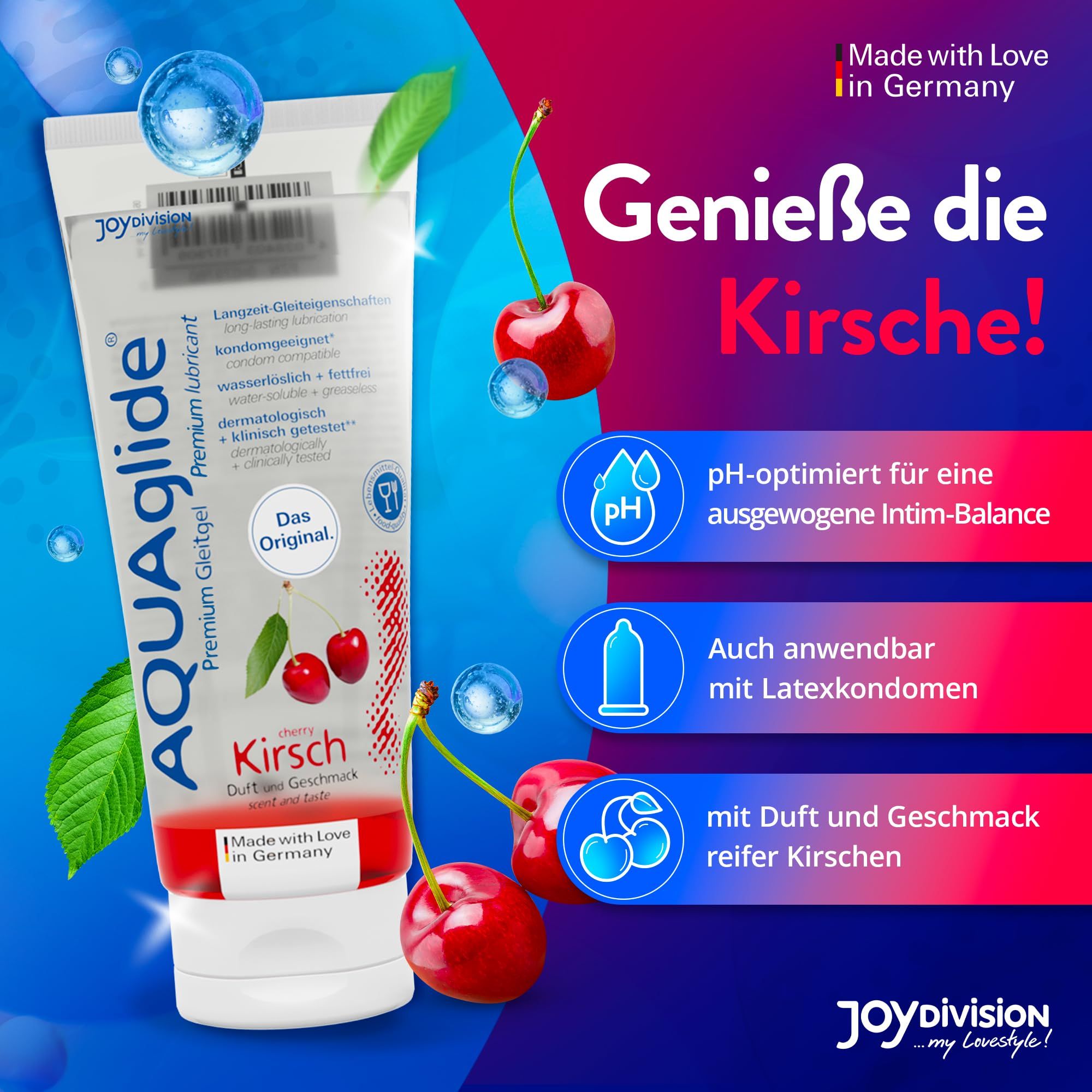 Tubo di gel lubrificante AQUAGLIDE Ciliegia con motivo di ciliegie. Scritta "Das Original".