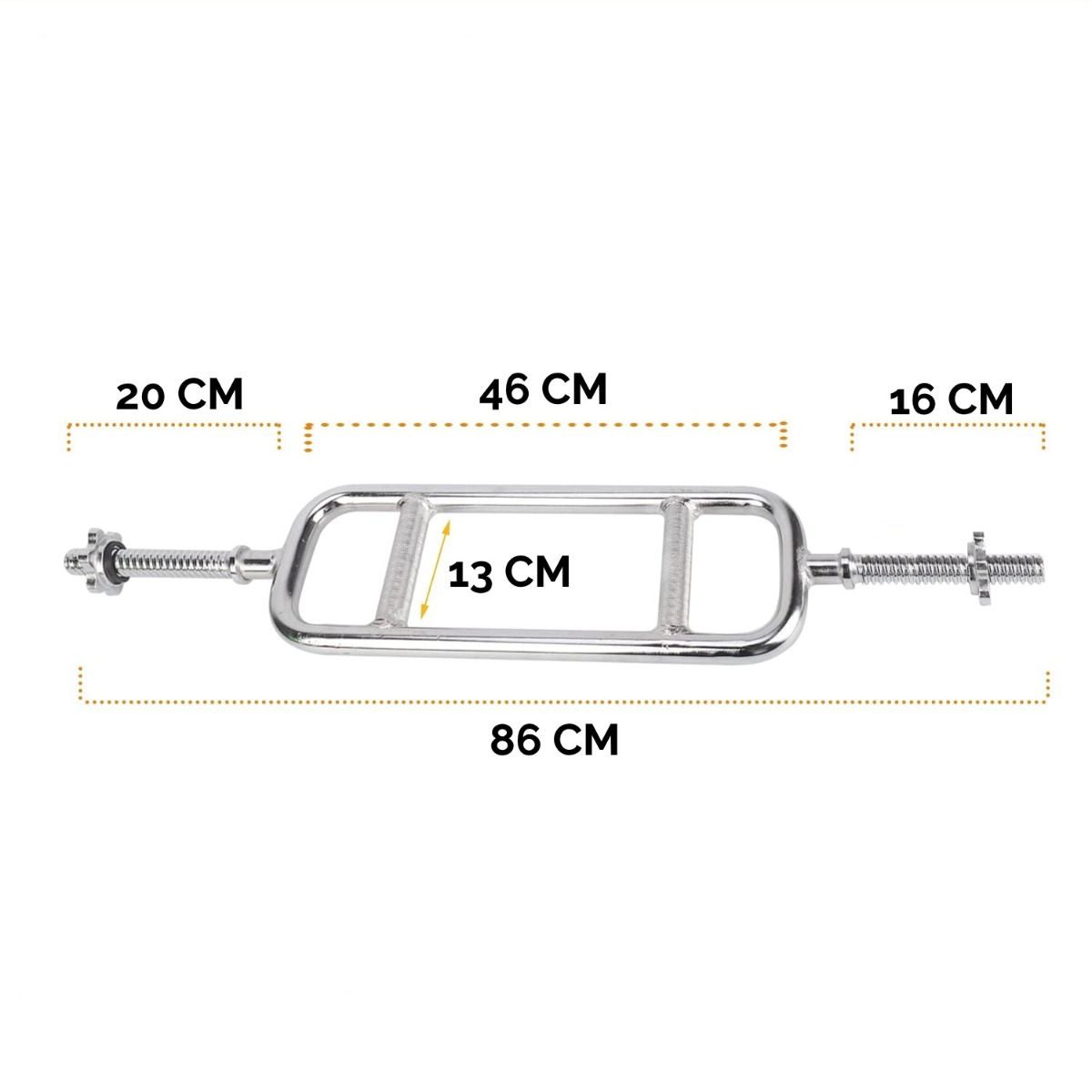 Barra per tricipiti con dimensioni: 86 cm di lunghezza, 46 cm di larghezza, 20 cm e 16 cm alle estremità, 13 cm di presa.