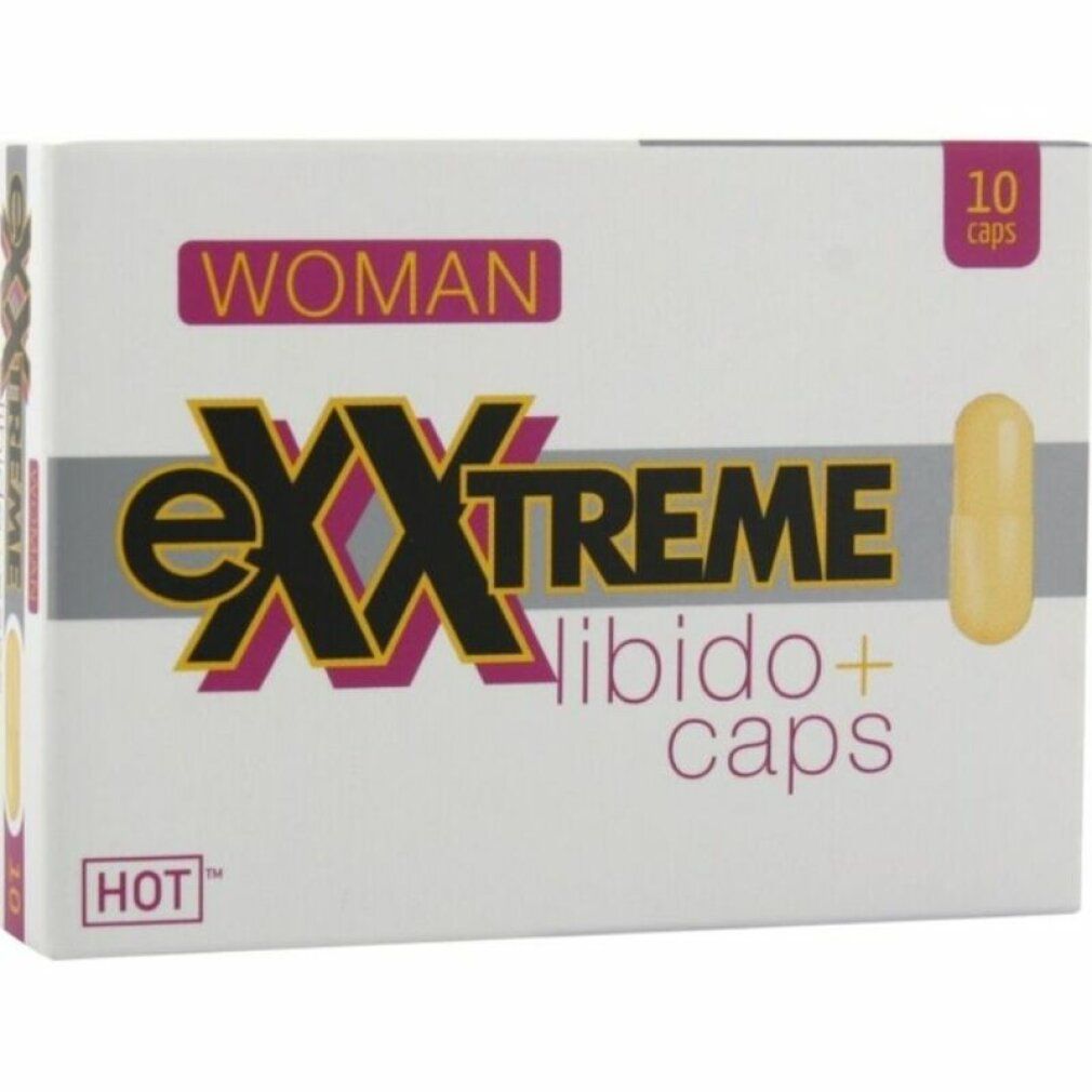 Scatola bianca con eXXtreme, WOMAN, Libido+ caps e 10 capsule. Una capsula è visibile.