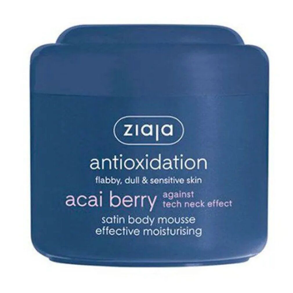 Vasetto blu con coperchio bianco. Scritta: Ziaja, Antioxidantion, Acai Berry, Satin Body Mousse. Contro l'effetto tech neck.