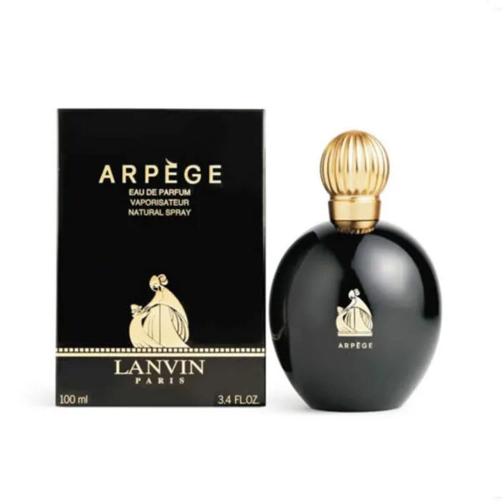 Flacone e scatola neri di Arpège Eau de Parfum Spray. Scritta e decorazioni dorate. 100 ml.