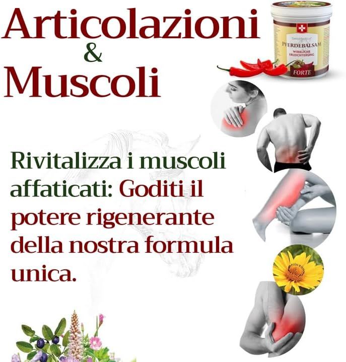 Immagine pubblicitaria con prodotto e illustrazioni. Prodotto: SwissMedicus Pferdebalsam FORTE. Testo: Articolazioni & Muscoli.