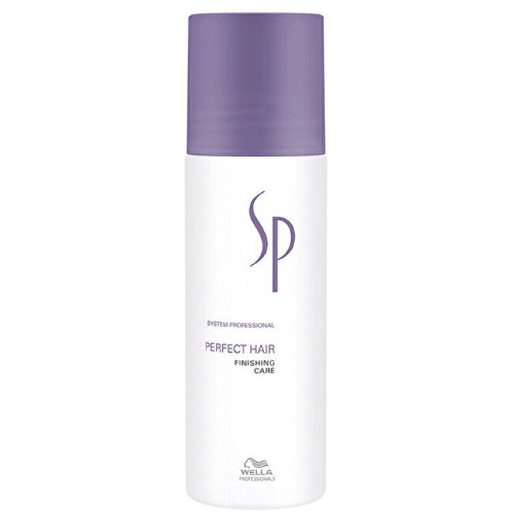 Flacone bianco con tappo viola. Scritta SP, Perfect Hair, Finishing Care. Logo Wella.