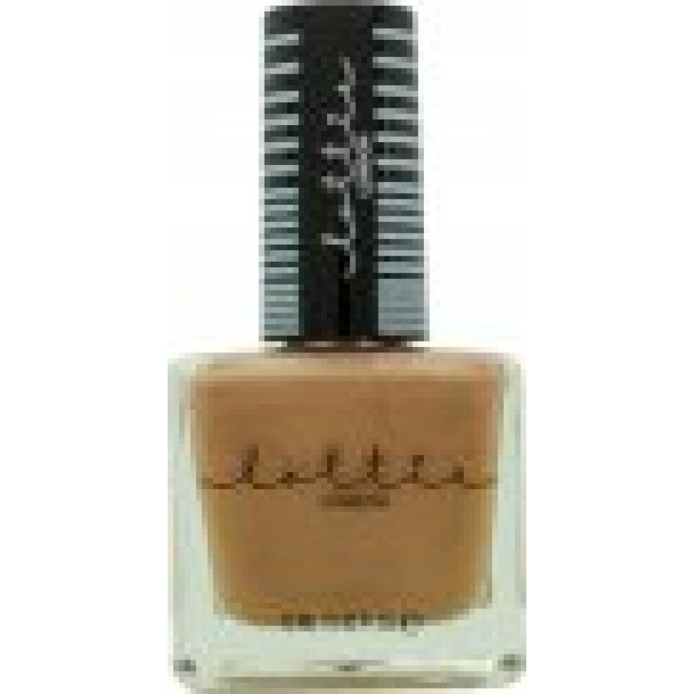 Flacone di smalto marrone. Tappo nero con scritta bianca. Logo Lottie London.