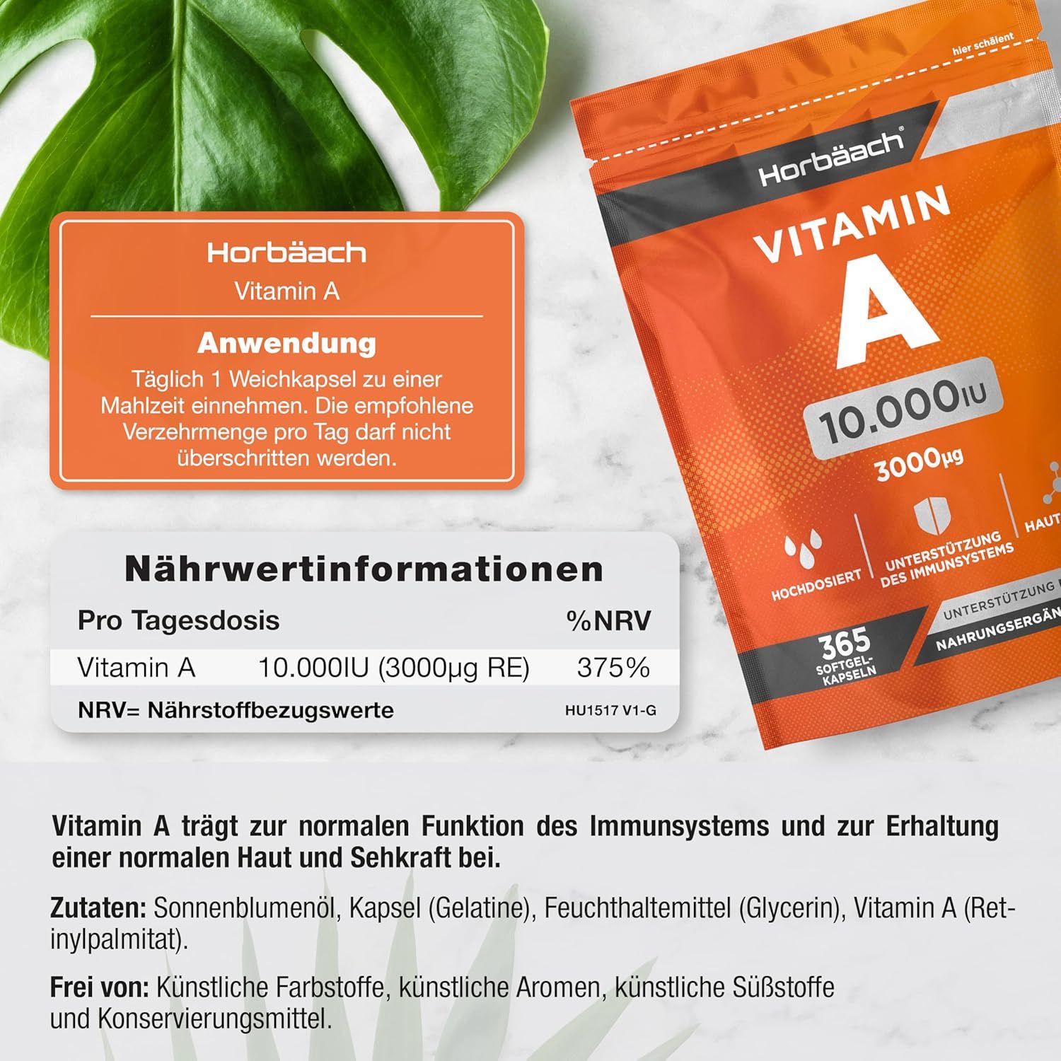 Confezione con capsule di vitamina A 10.000 UI. Testo: Uso, informazioni nutrizionali, 365 capsule molli. Ingredienti, senza additivi artificiali.