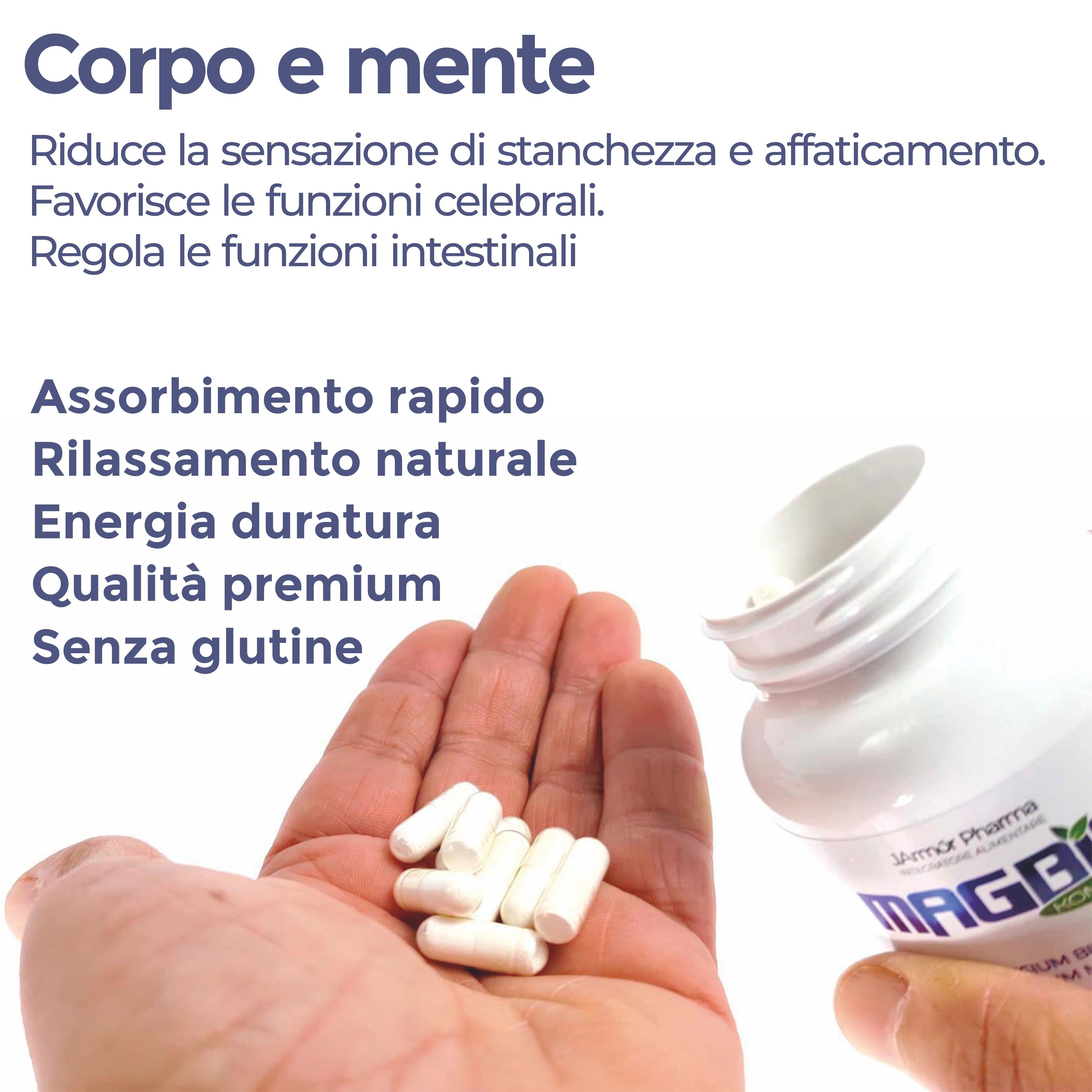 Mano con capsule. Flacone sullo sfondo. Testo: Assorbimento rapido, relax naturale, energia, qualità premium.