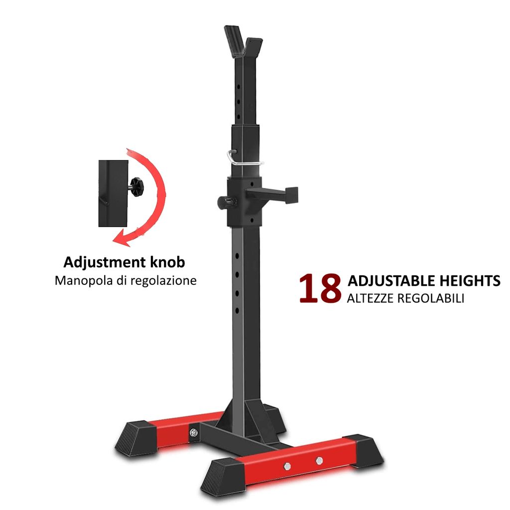 Supporto per squat nero e rosso in acciaio. Altezza regolabile. Testo: '18 ADJUSTABLE HEIGHTS'.