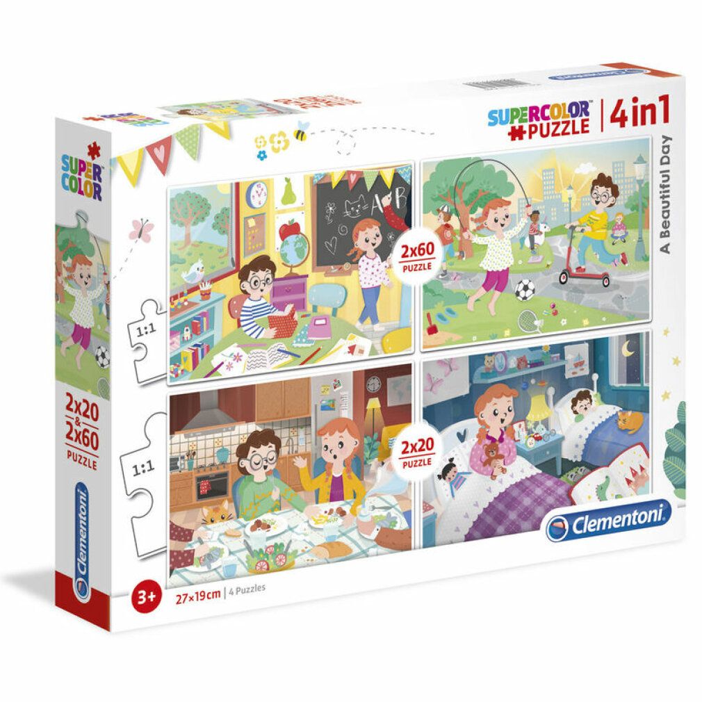 Scatola puzzle 4 in 1. 2x20 e 2x60 pezzi. Scene di bambini nella vita quotidiana. Marchio Clementoni, 27x19cm.