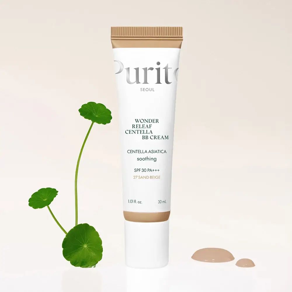 Tubo PURITO Wonder Releaf Centella BB Cream, tonalità 27 Sand Beige, SPF 30 PA+++. Con foglia di Centella e campione di colore.