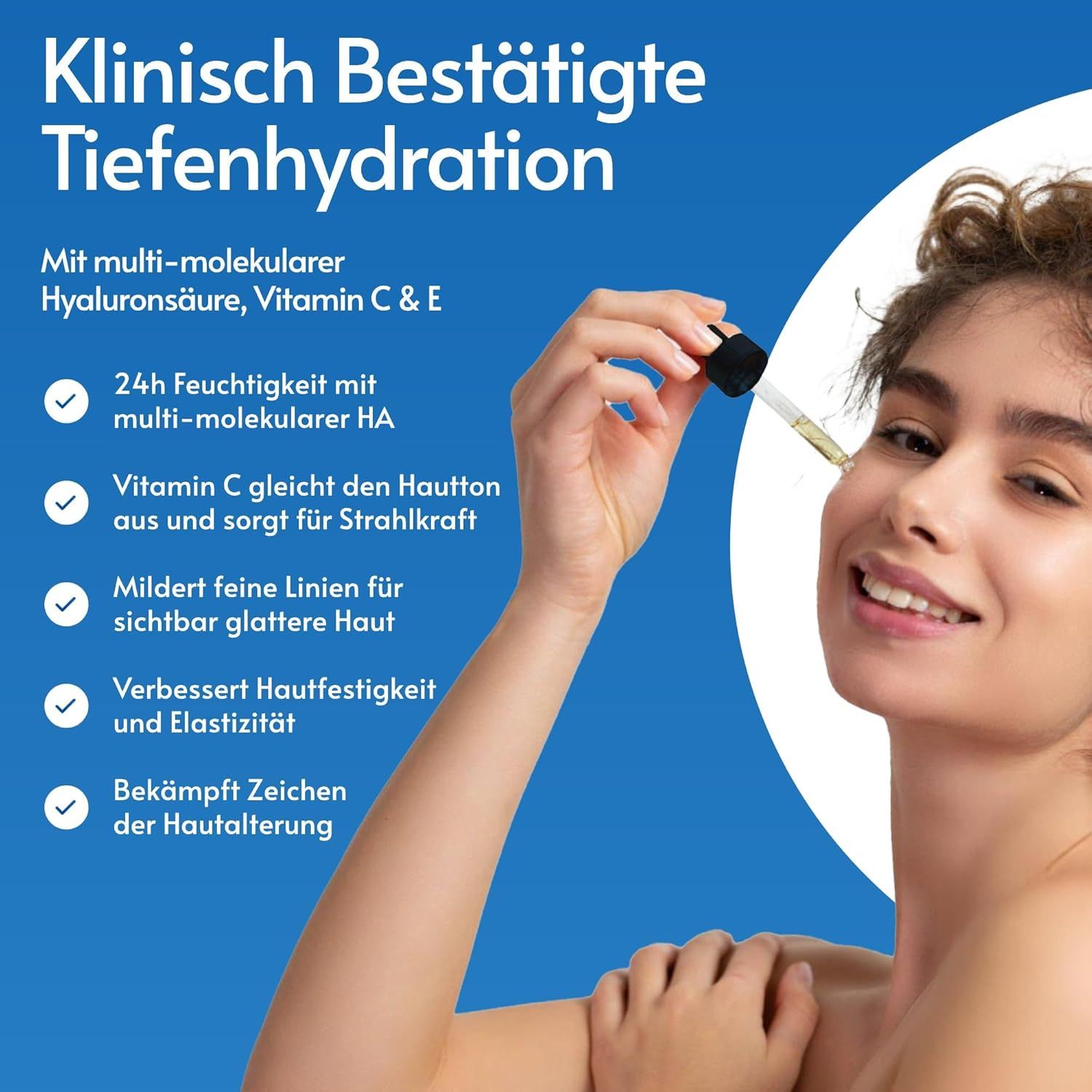 Donna con siero sulla pelle. Testo: Idratazione profonda clinicamente provata. Vantaggi: idratazione, vitamina C, pelle più liscia, compattezza, anti-età.