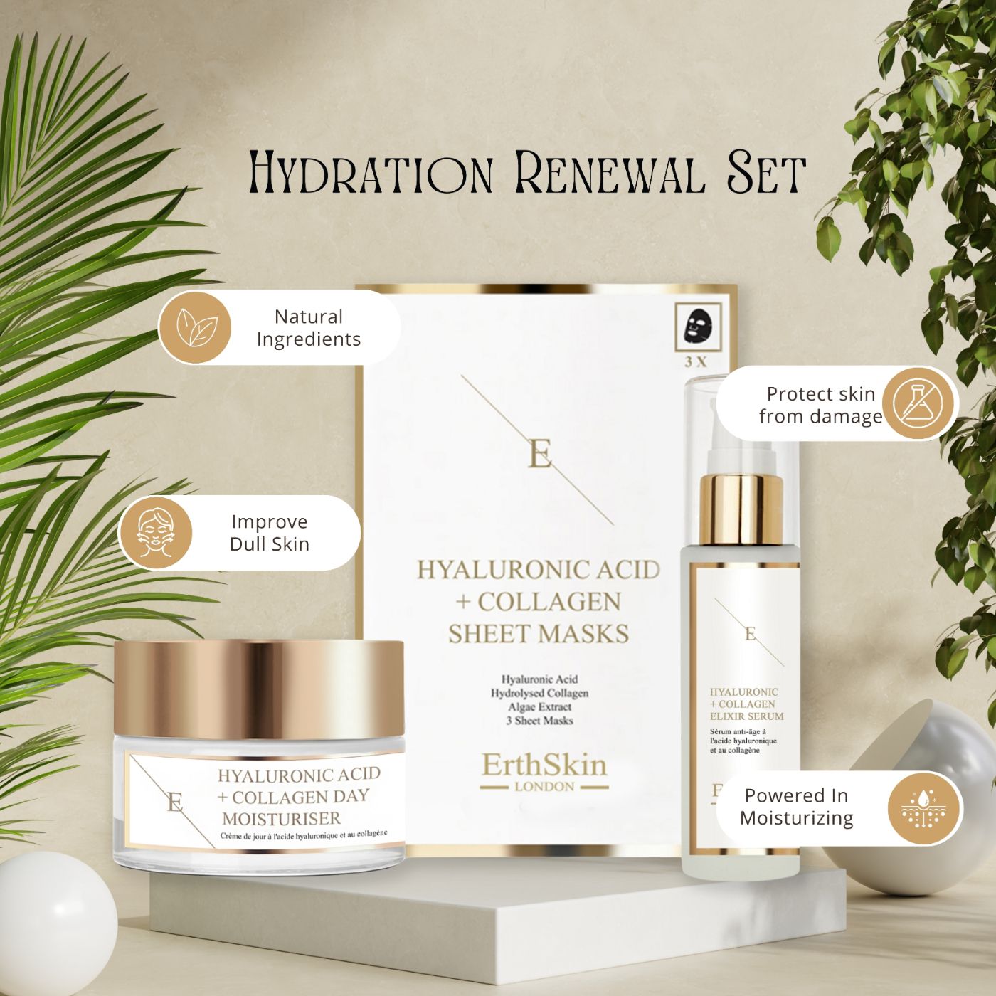 Crema giorno, siero e maschere. Prodotti con coperchi ed etichette dorate. Scritta: ErthSkin London. Scritta: Acido ialuronico + collagene.