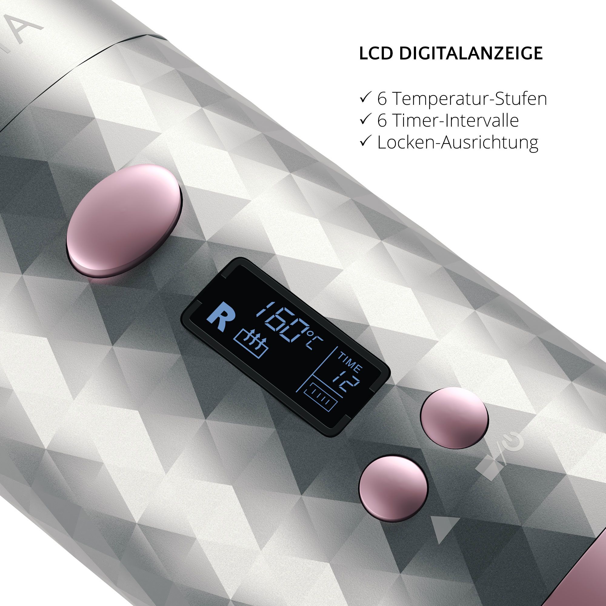 Primo piano dell'arricciacapelli. Display digitale con temperatura e timer. Pulsanti rosa. Testo: 6 livelli di temperatura.