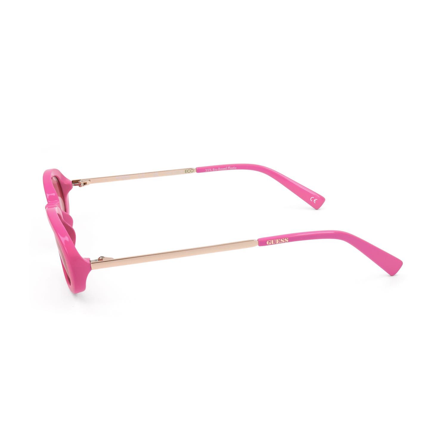 Occhiali da sole Guess rosa con aste dorate, vista laterale.