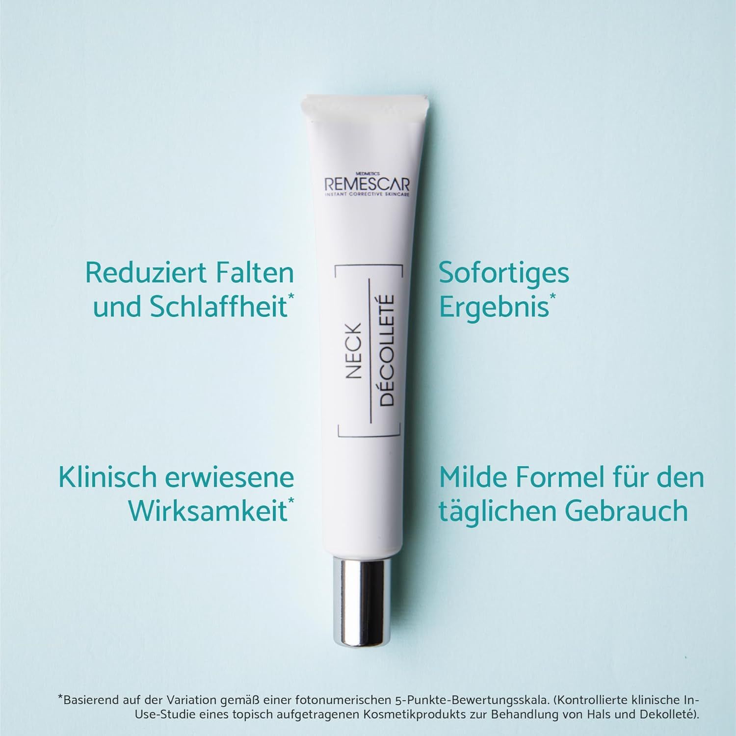 Testo: Riduce le rughe e la pelle cadente, Risultato immediato, Efficacia clinicamente dimostrata, Formula delicata.