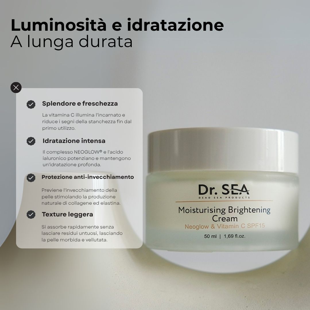Vaso di crema. Testo: Dr. SEA, Moisturising Brightening Cream, SPF15. 50 ml. Box con vantaggi.
