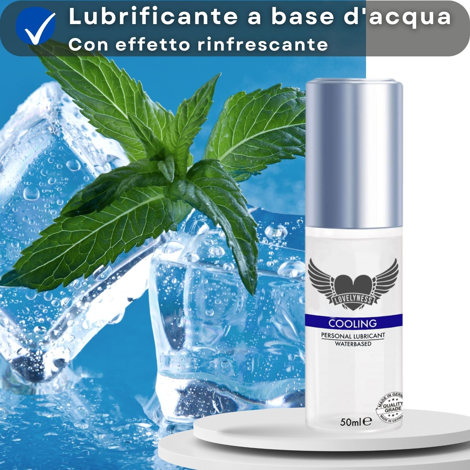 Flacone di lubrificante con testo e logo. Menta e cubetti di ghiaccio. Testo: Lubrificante a base d'acqua, effetto rinfrescante.