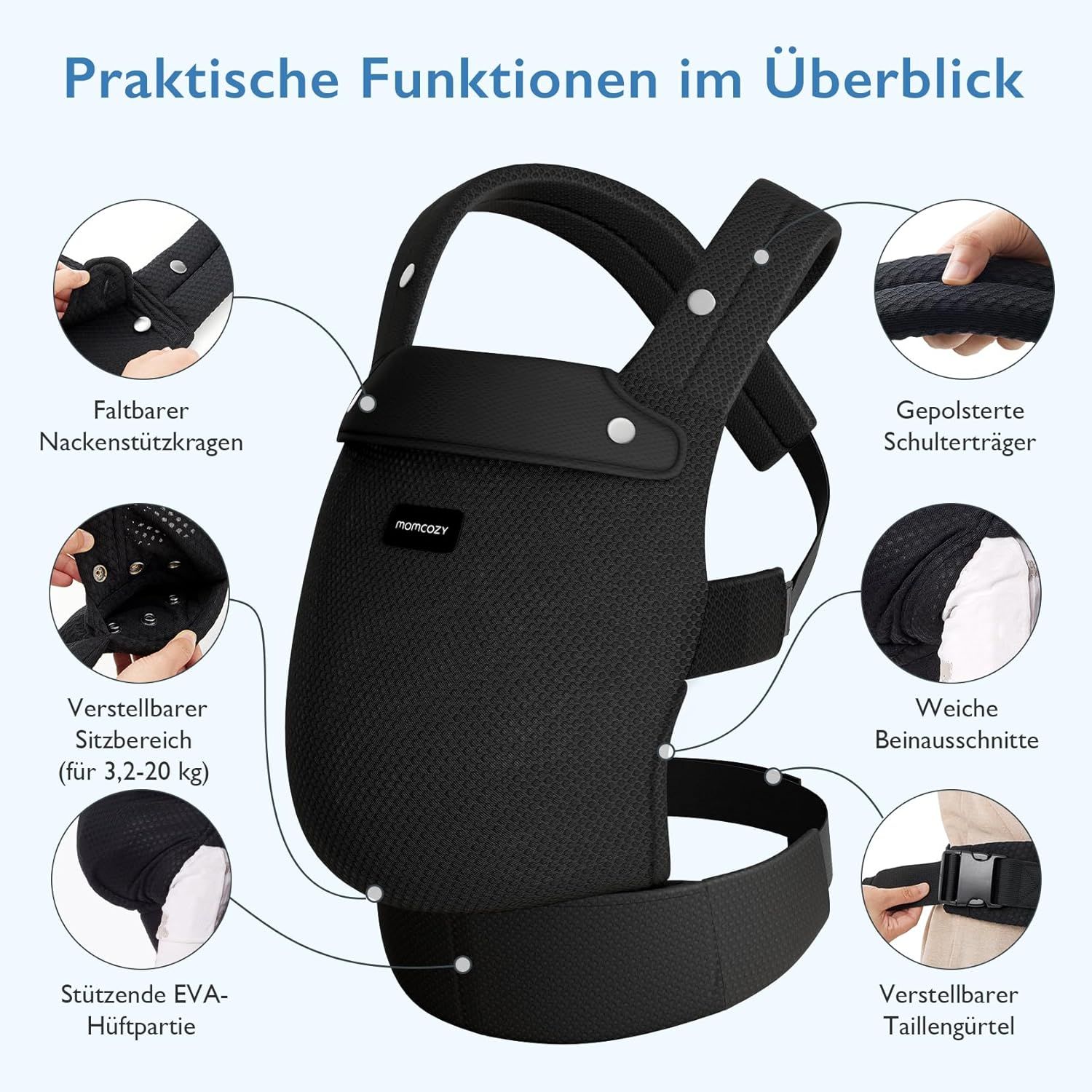 Momcozy Marsupio per Bambini Leggero e Traspirante Air Mesh Nero