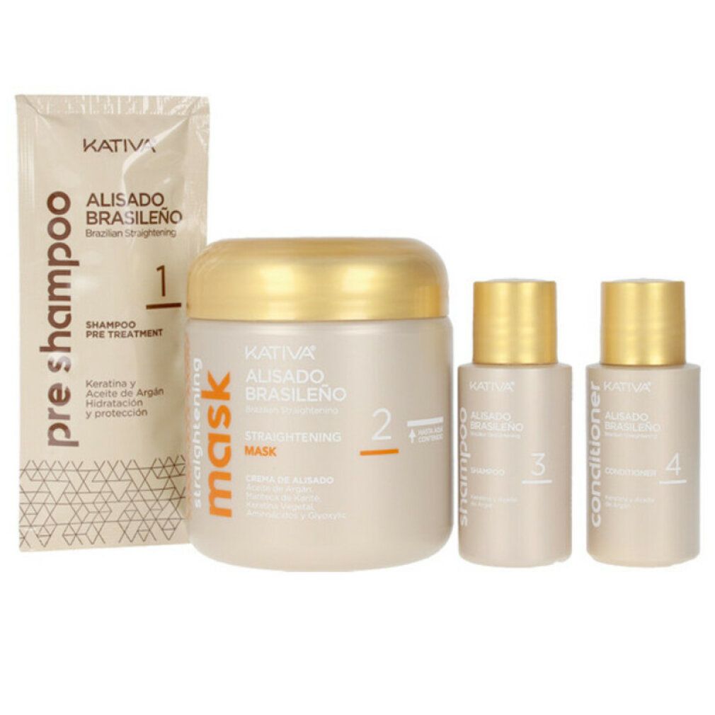 Set con shampoo, maschera, shampoo e balsamo. Kativa Alisado Brasileno. Confezione beige e oro.