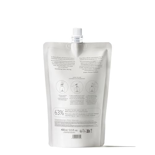Retro di una ricarica Molton Brown per bagnoschiuma e docciaschiuma con istruzioni.