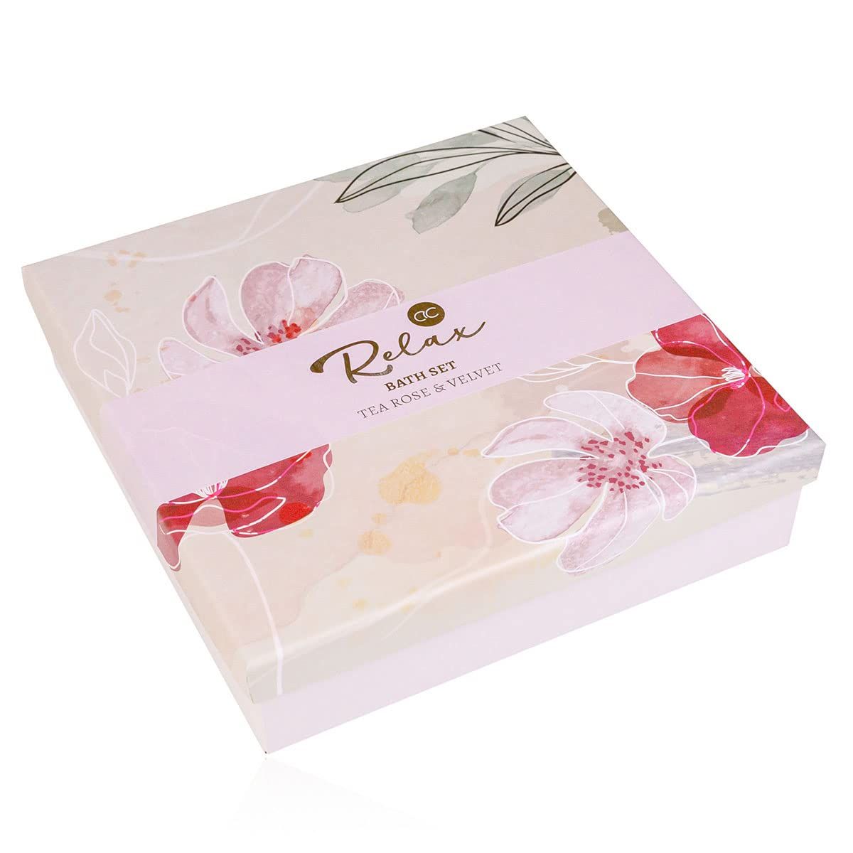 Confezione regalo chiusa con design floreale. Nastro rosa con scritta 'Relax BATH SET Tea Rose & Velvet'.
