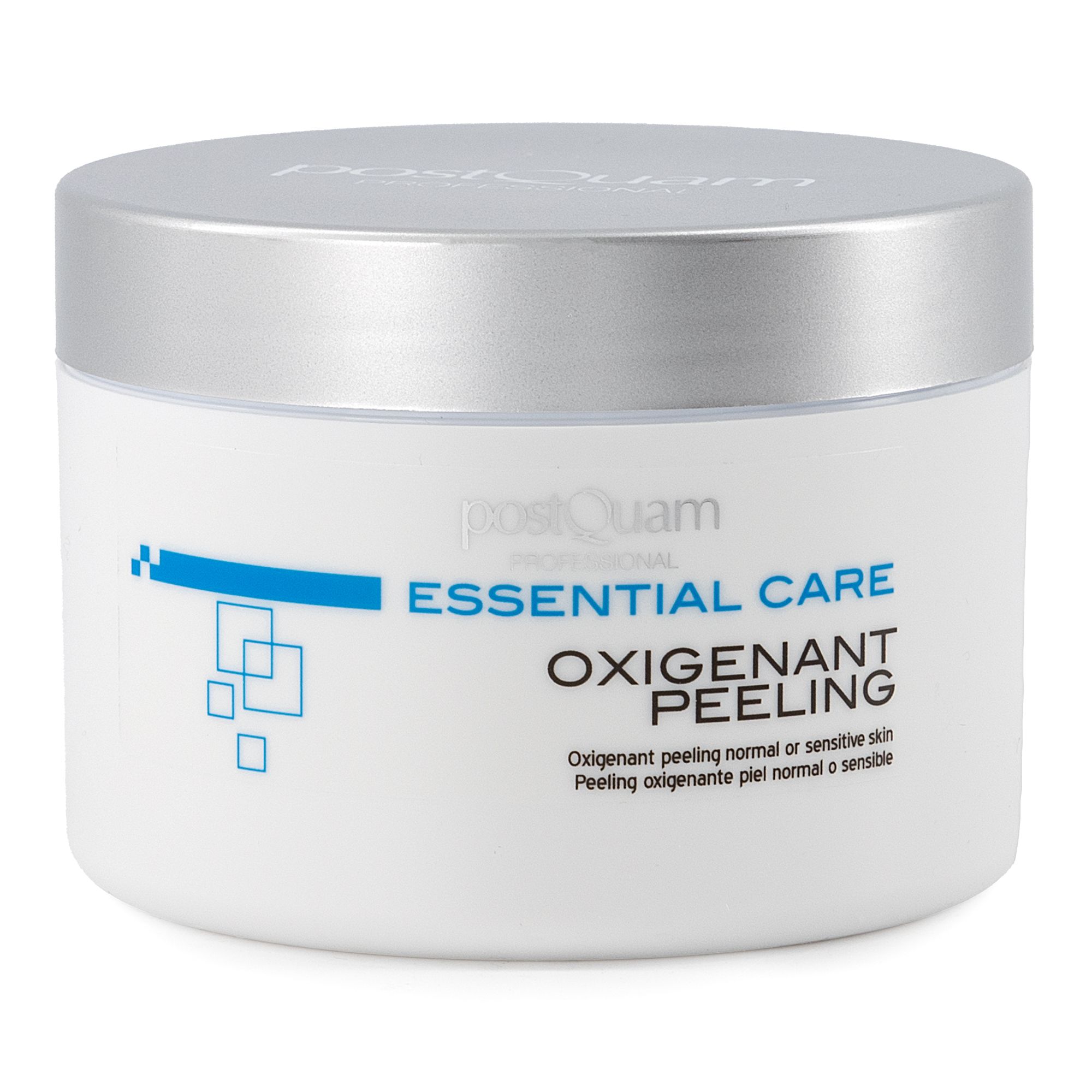 Vaso bianco con coperchio argentato. Scritta: Essential Care Oxigenant Peeling. Per pelli normali o sensibili.