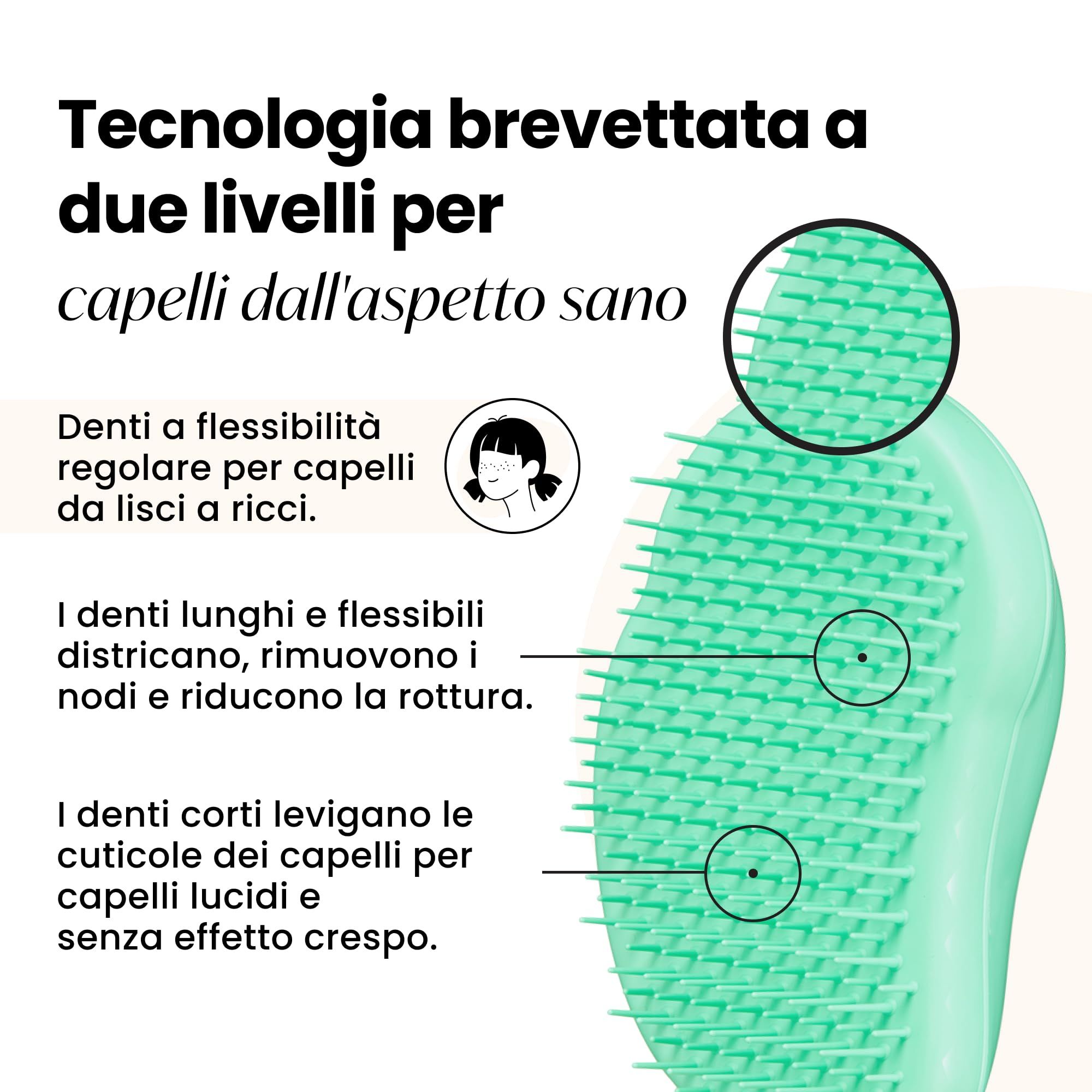 Spazzola per capelli turchese con setole flessibili. Testo: Tecnologia a due livelli per capelli sani. Illustrazioni.