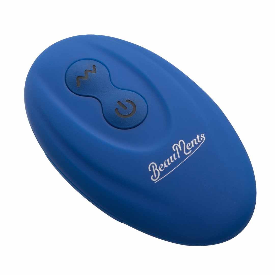 Telecomando ovale blu con due pulsanti e logo BeauMents.