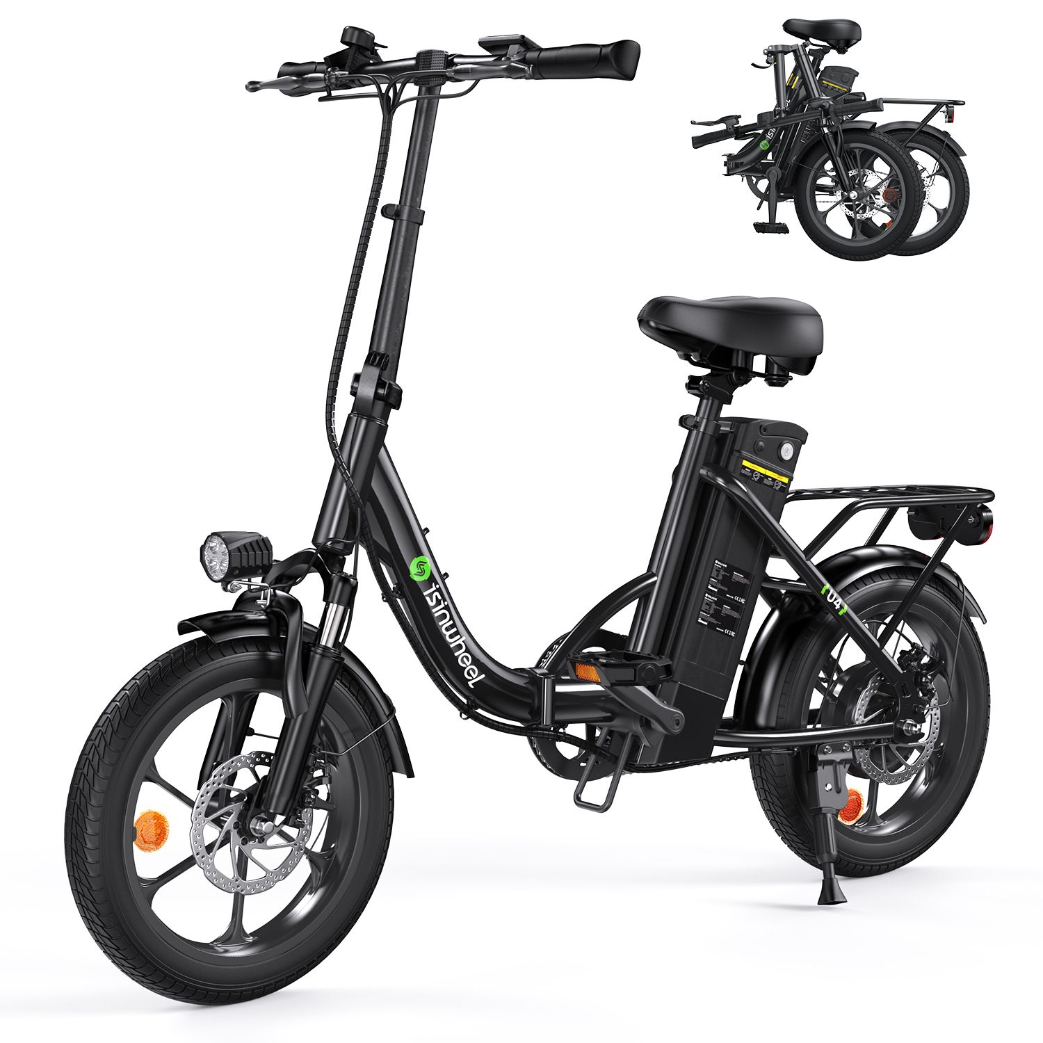 E-bike nera con faro, portapacchi e opzione pieghevole. Marchio: isinwheel.