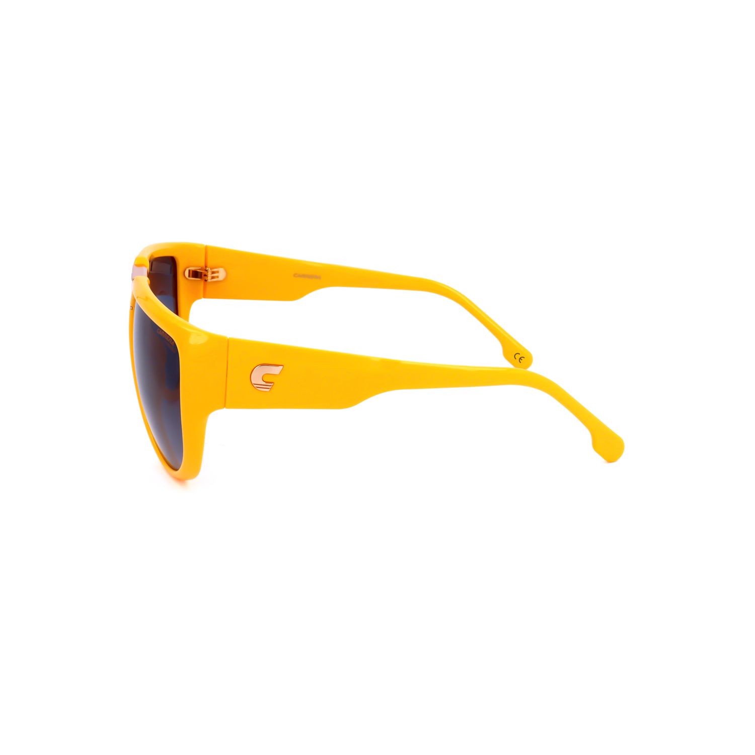 Occhiali da sole unisex gialli, vista laterale con lenti scure e montatura larga.