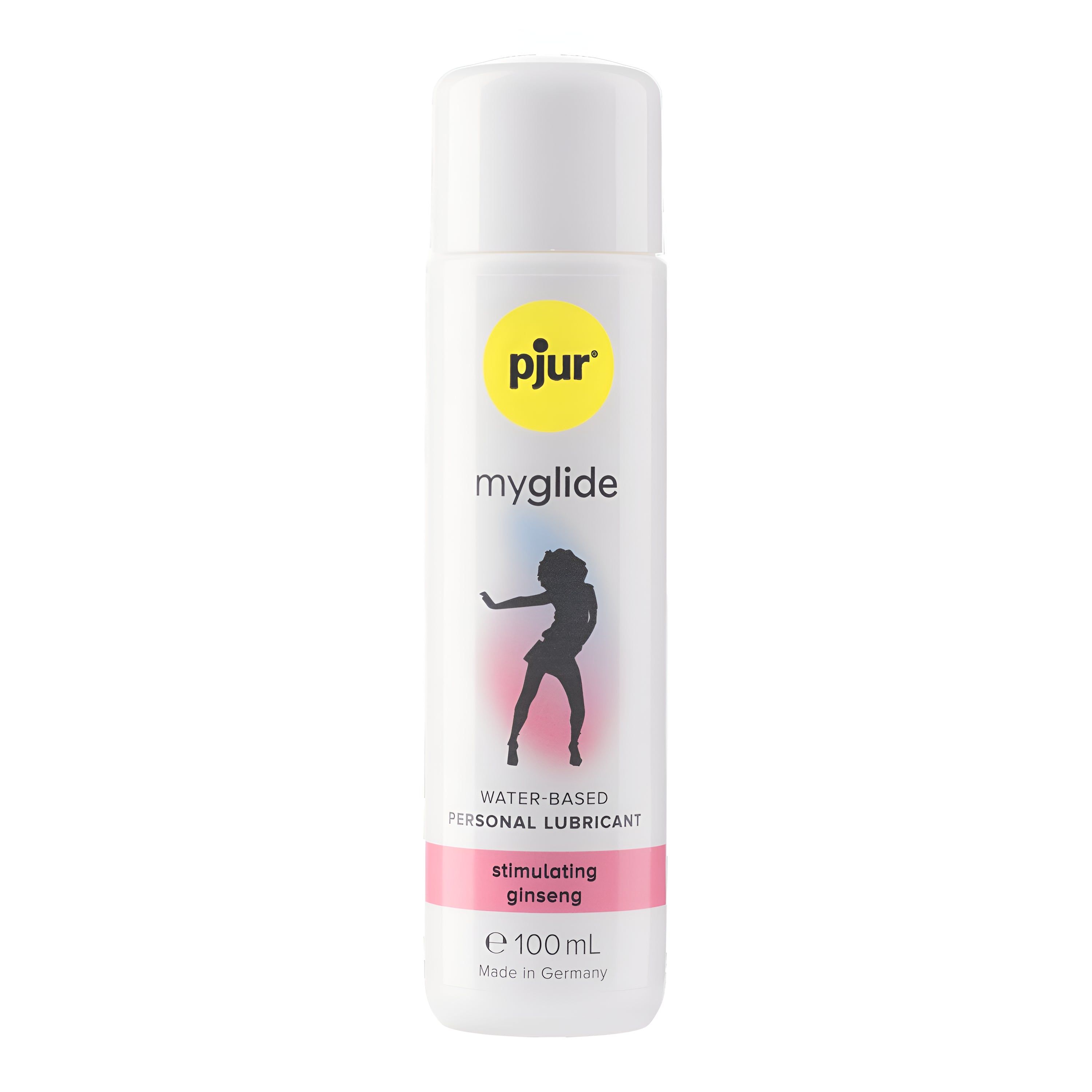 Flacone bianco con tappo bianco. Pjur myglide, figura femminile. Testo: Lubrificante personale a base d'acqua.