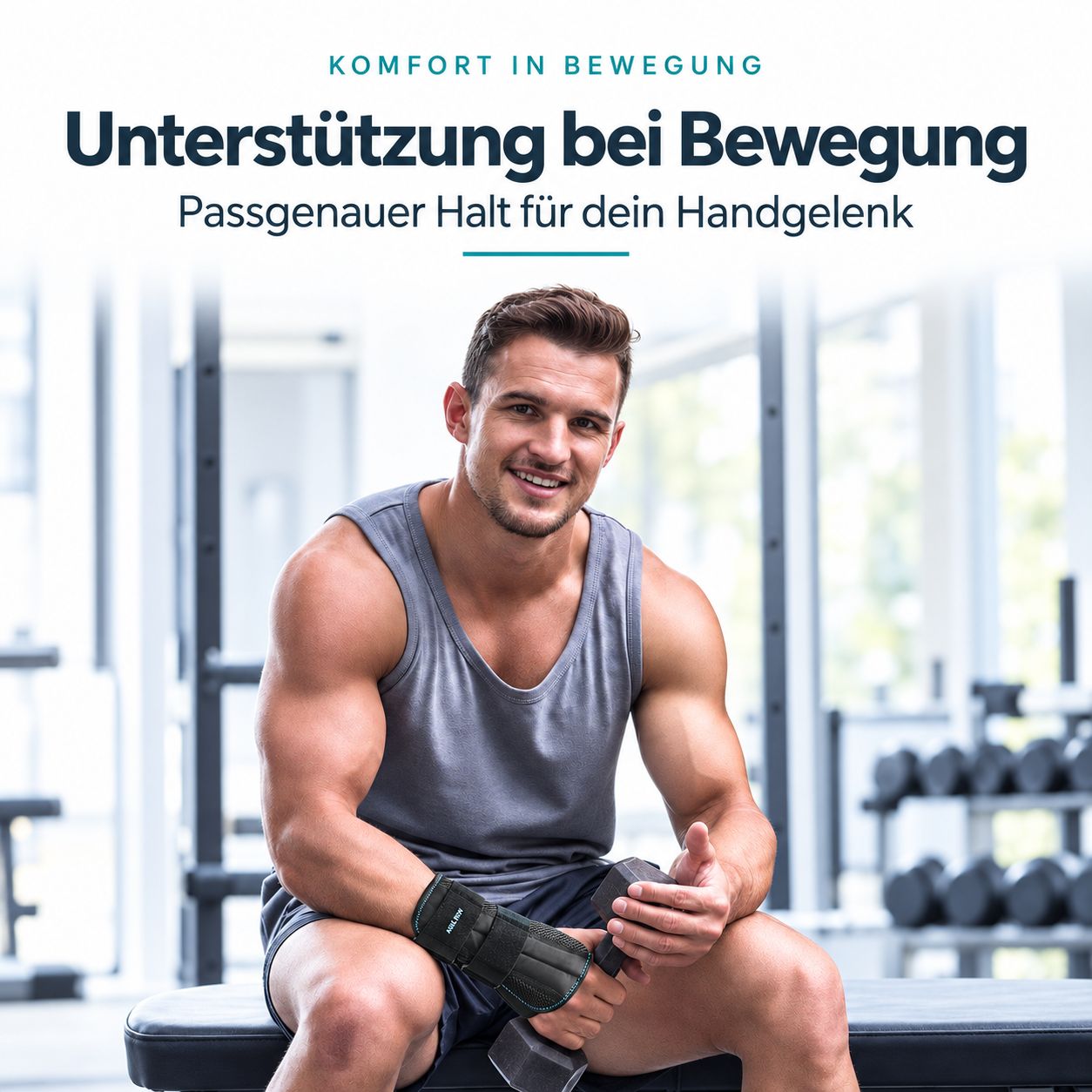 Uomo con tutore da polso in palestra. Offre supporto durante l'attività fisica.