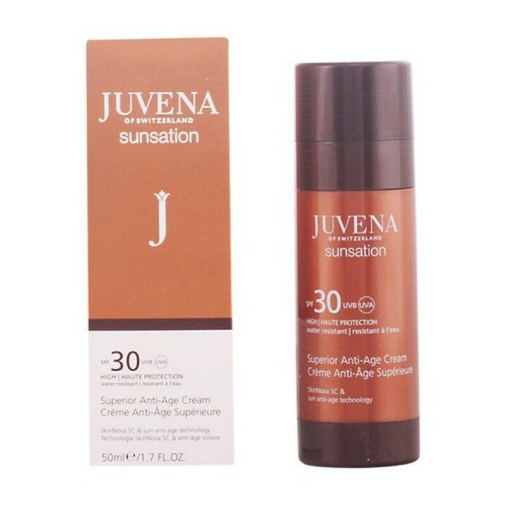 Confezione e flacone marroni. Scritta: Juvena Sunsation Superior Anti-Age Cream SPF30. 50ml.