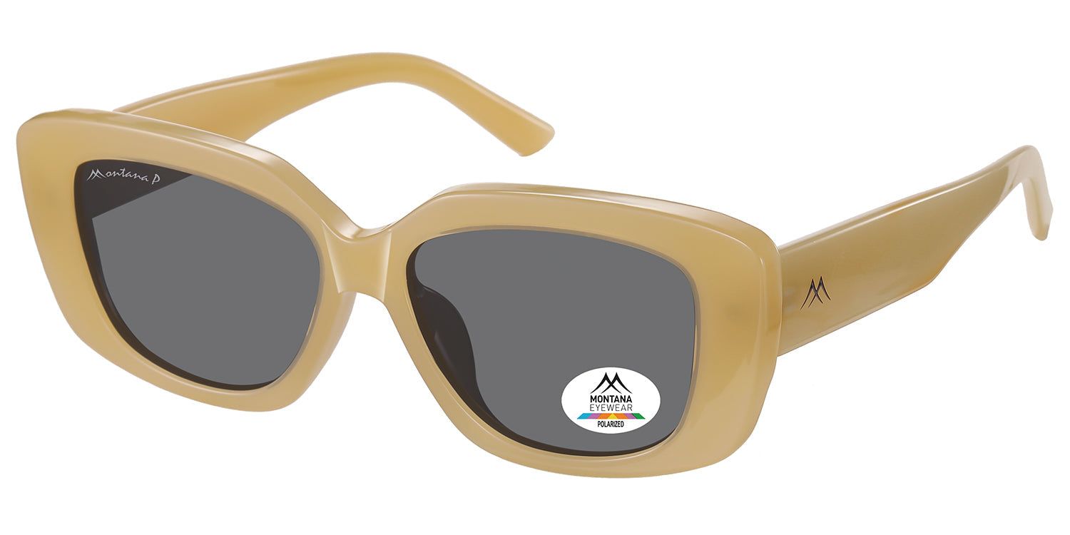Occhiali da sole con montatura beige e lenti grigie. Il logo Montana Eyewear è visibile sulla stanghetta sinistra e su una lente. È presente anche un adesivo Polarized.