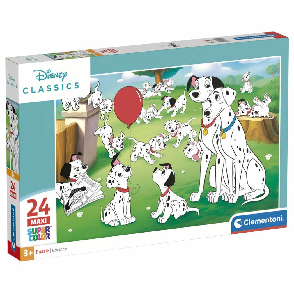 Clementoni Puzzle Disney: 101 Dalmatiner maxi, 24 pezzi. La confezione mostra il motivo del puzzle. Logo Disney Classics.