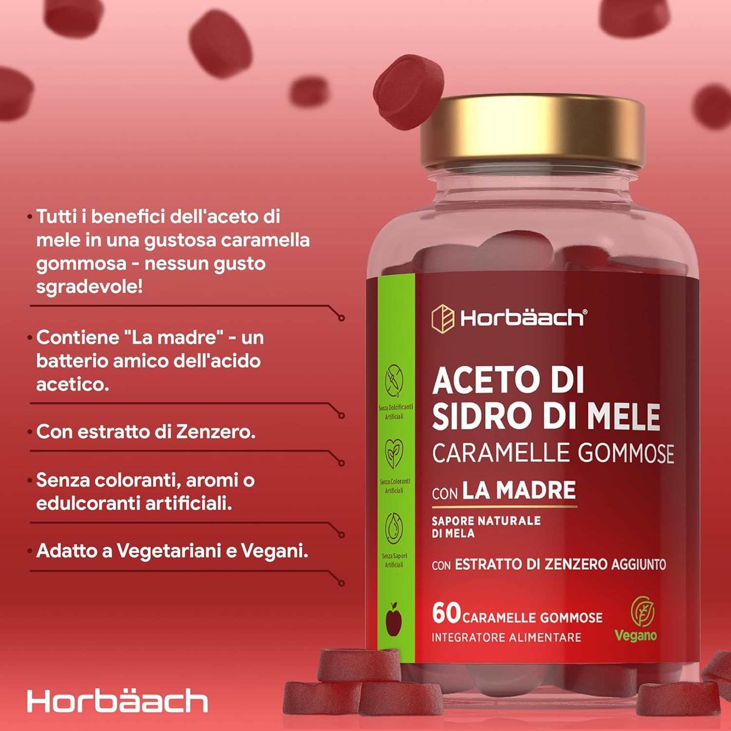 Barattolo di caramelle gommose rosse. Scritta: Aceto di Sidro di Mele, Caramelle Gommose, con la Madre, 60 caramelle gommose. Con zenzero.